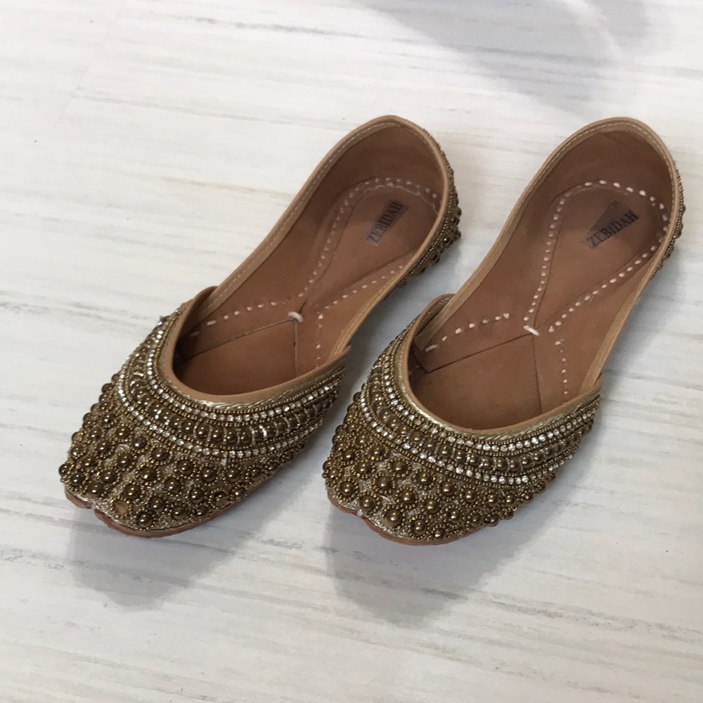 Zebidah leather gold beaded flat shoe Size 37